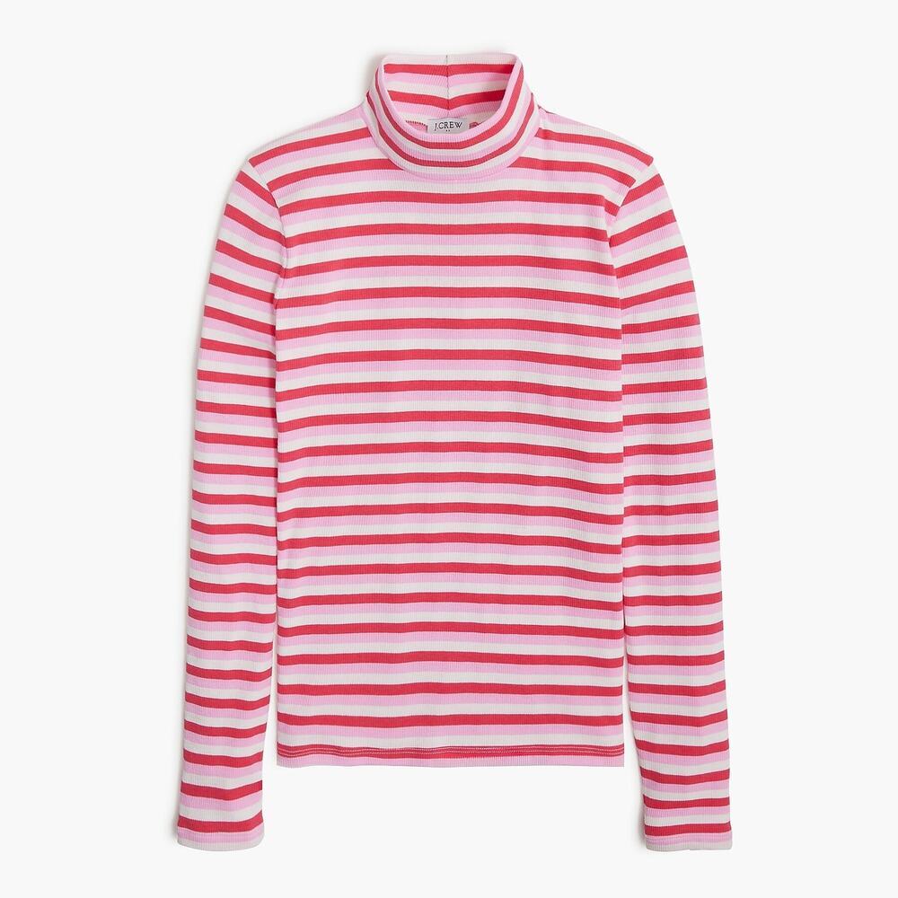 J. Crew Striped Long Sleeve Ribbed-Knit Mockneck Top White Resort Pink Womens M